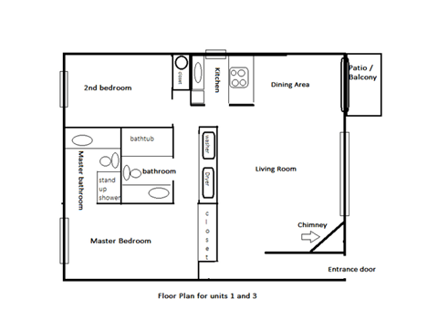 Floor plan for 2 beds, 2 baths, 950 sqft